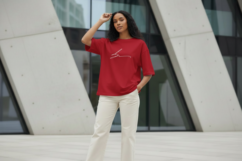 Red oversized t-shirt with white signature logo