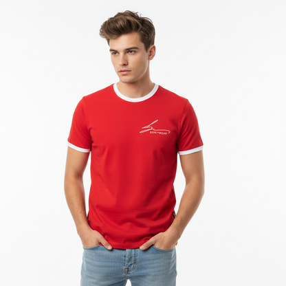 Red with white trim and white logo