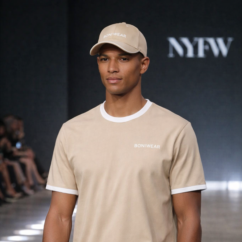 Model wearing a beige outfit with 'Bombean' logo at NYFW