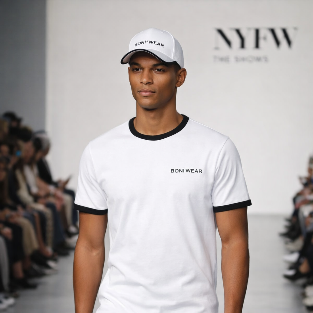 Model wearing a white outfit with black trim and a cap, walking on a fashion show runway.