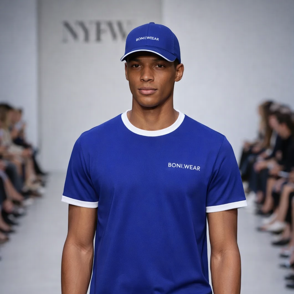 Model wearing a blue outfit with 'BONI WEAR' branding on a runway.