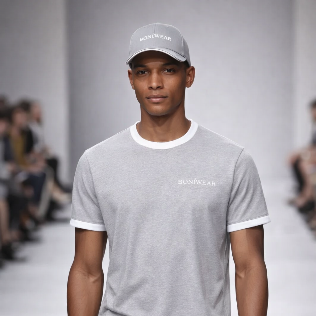 Man wearing a gray t-shirt and cap with 'Bonobos' branding on a runway.