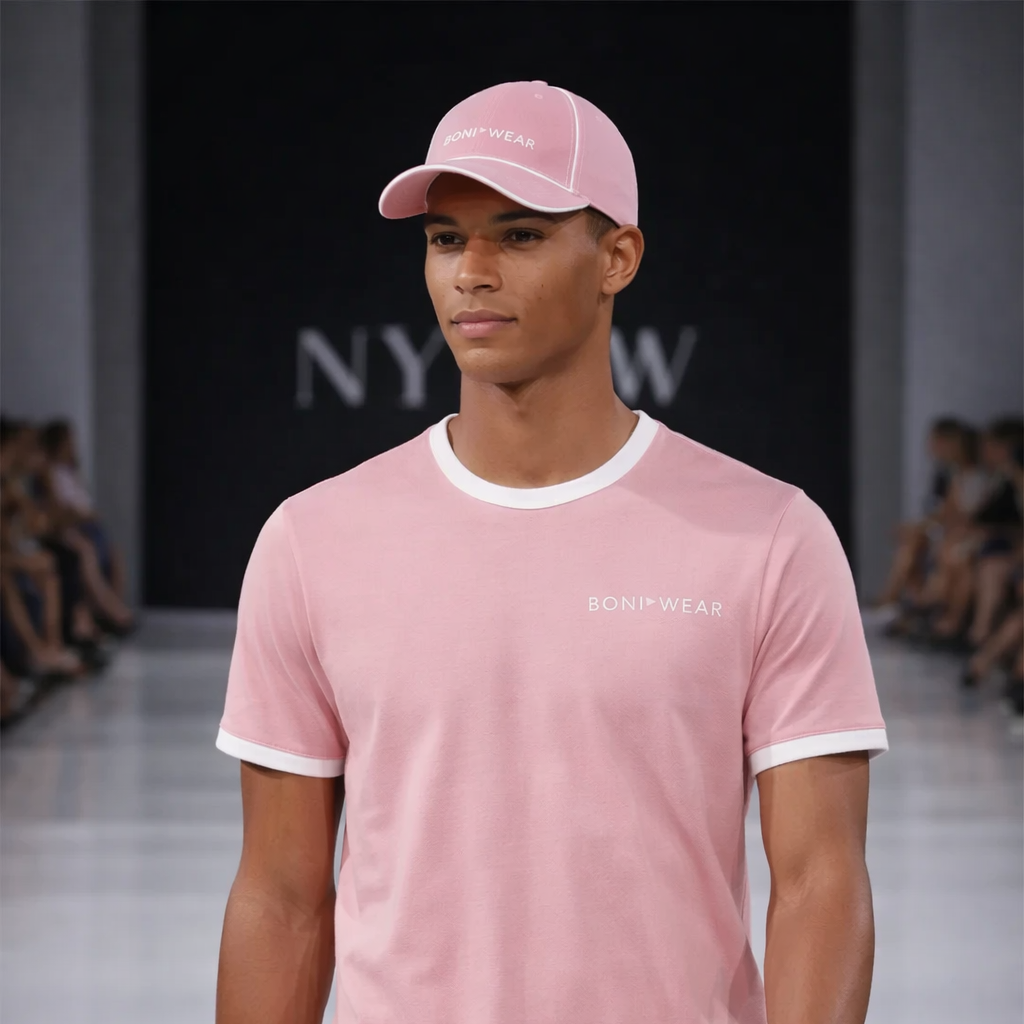 Model wearing a pink outfit with a cap on a runway with 'NYFW' in the background