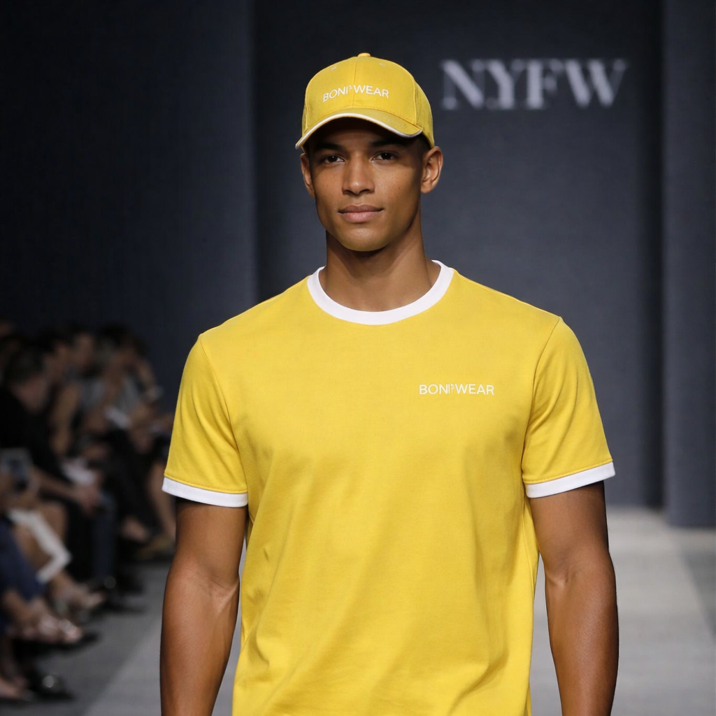 Man wearing a yellow t-shirt and cap on a runway at NYFW