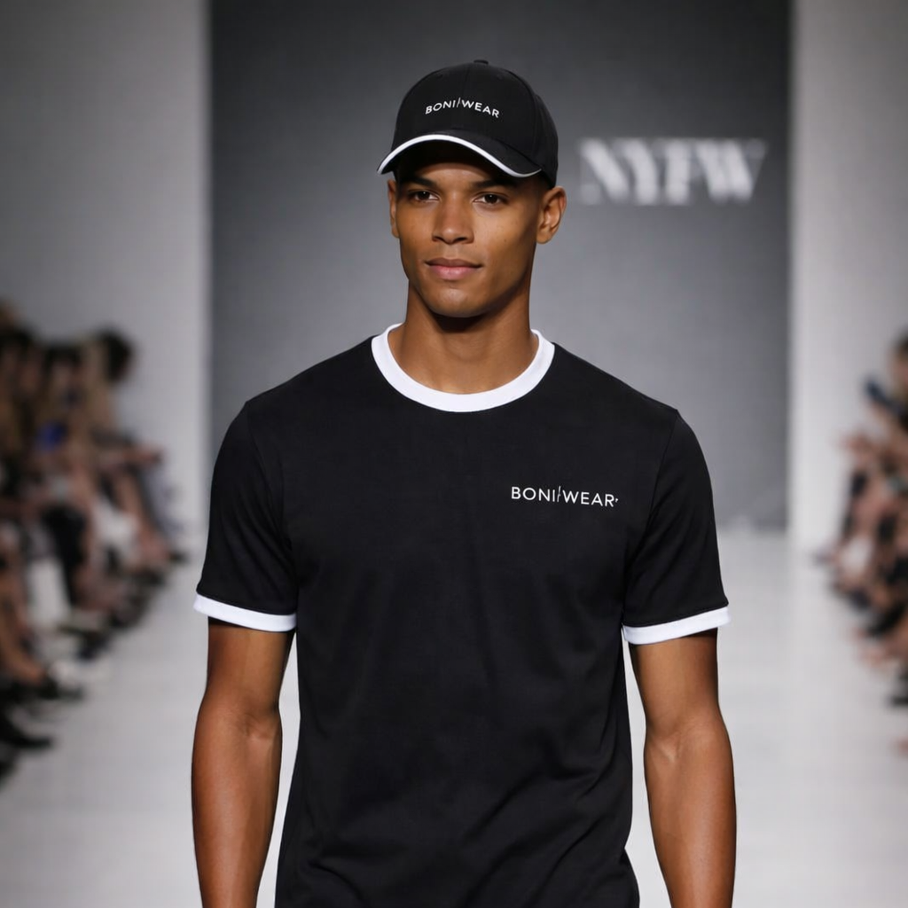 Model wearing a black t-shirt with 'BONEWEAR' logo on a runway
