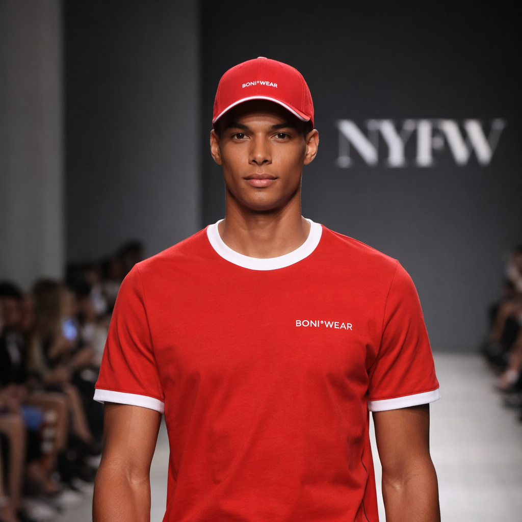 Model wearing a red outfit with a cap on a runway at NYFW