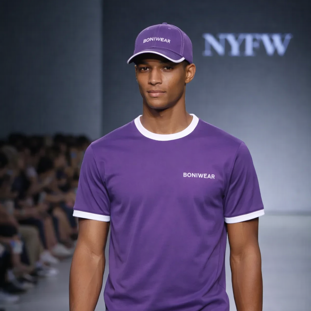 Model wearing a purple outfit with 'BONIWEAR' branding at NYFW