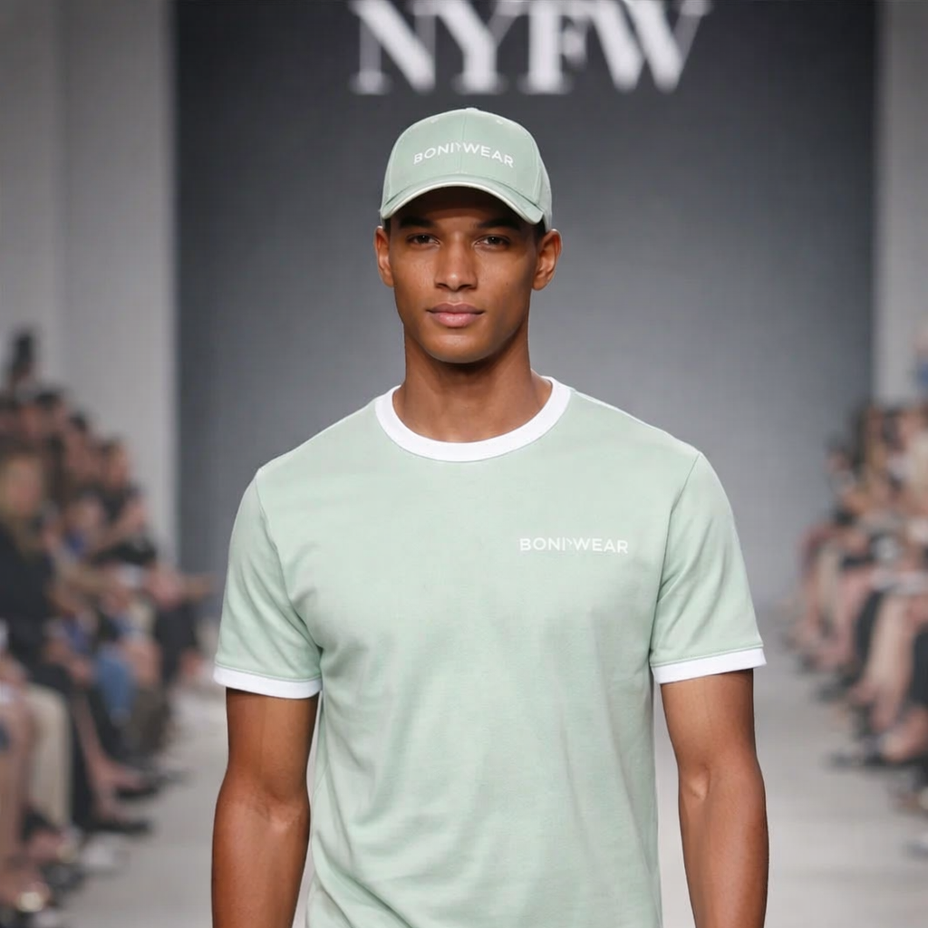 Model wearing a light green outfit with a cap on a runway at NYFW.