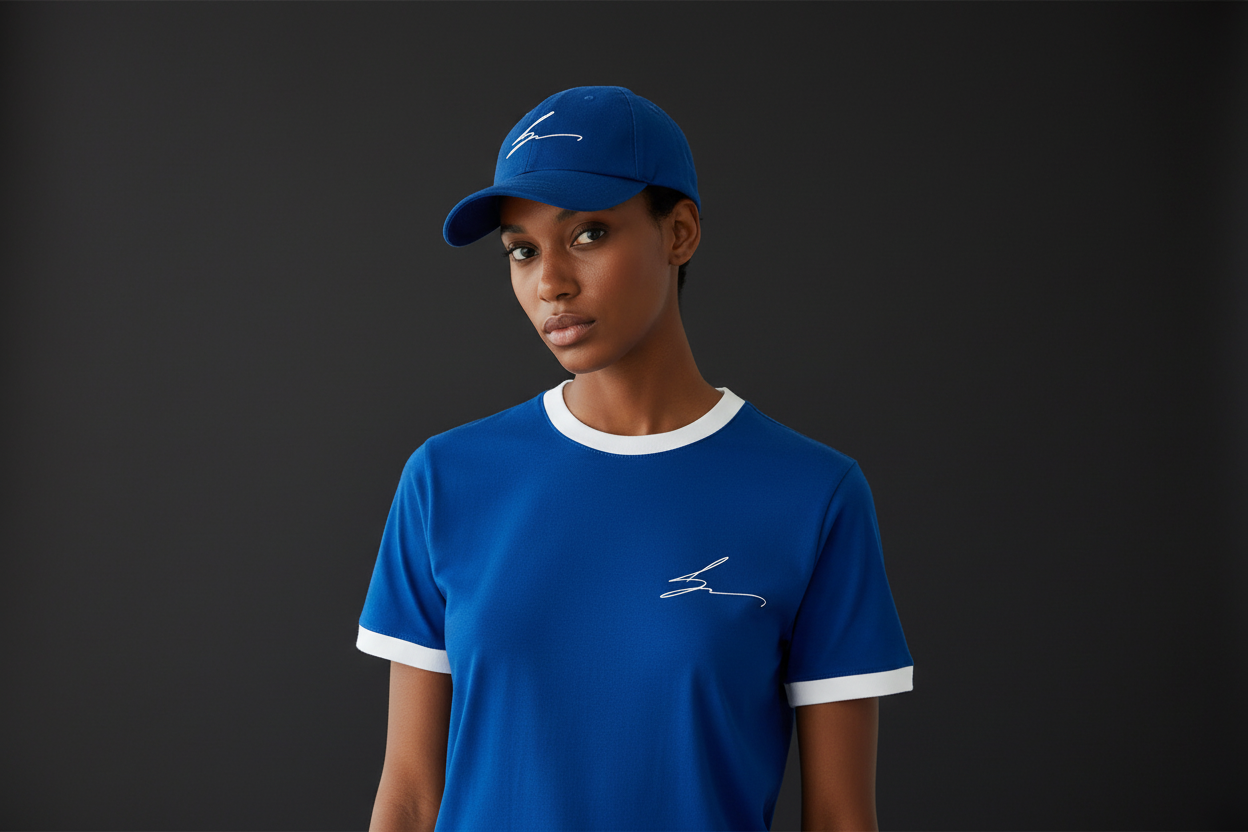 Royal blue and white ensemble with white logo