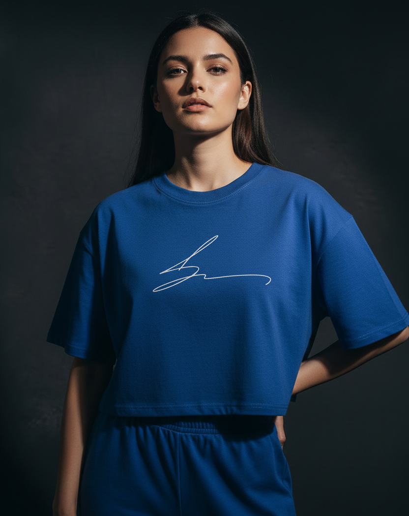 Royal blue boxy fit cropped tee with white logo