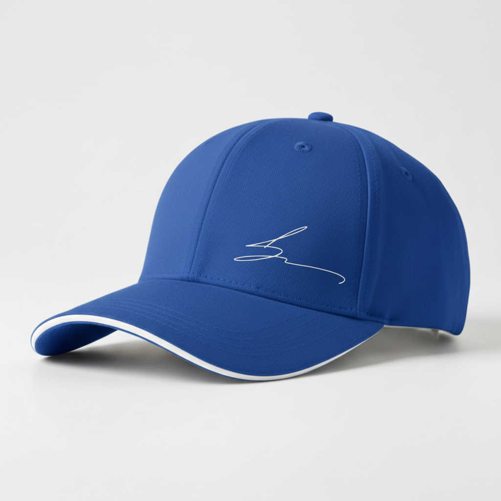 Royal blue cap with white trim and white logo