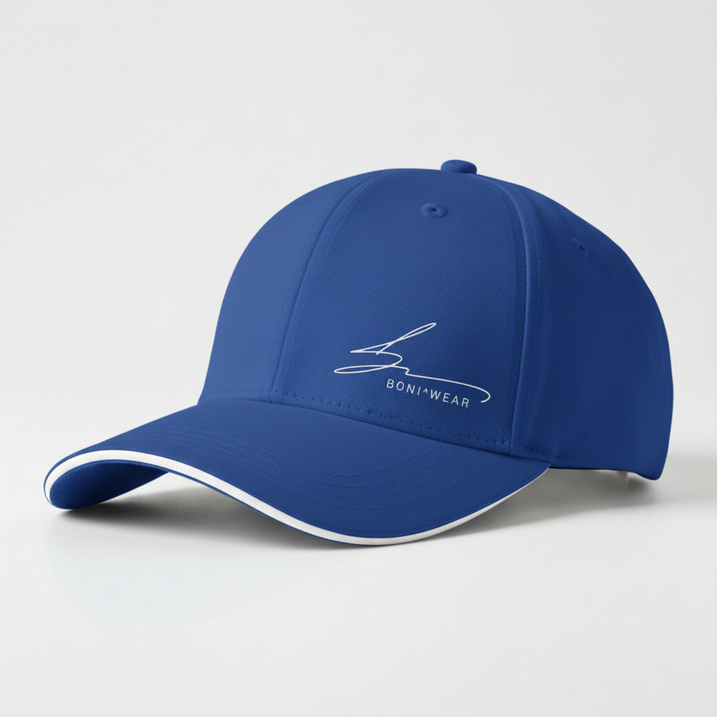 Royal blue cap with white trim and white logo
