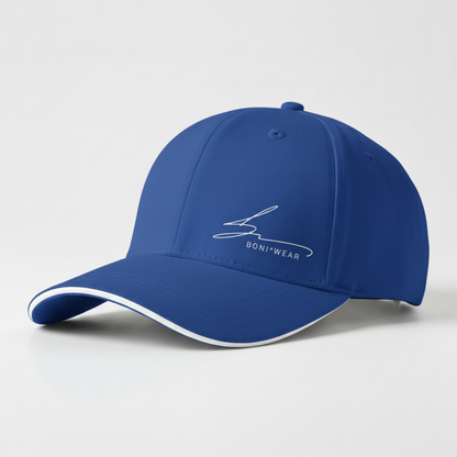Royal blue cap with white trim and white logo