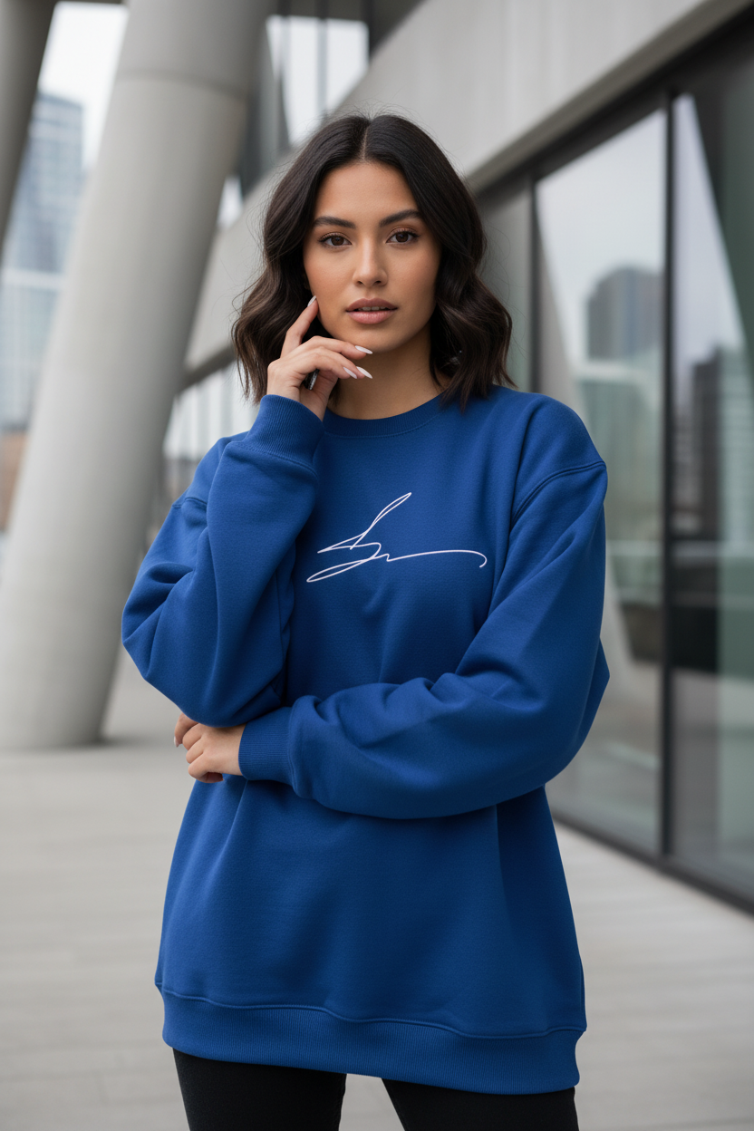 Royal blue crewneck with signature logo