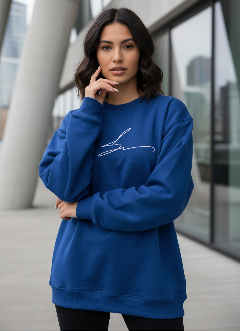 Royal blue crewneck with signature logo