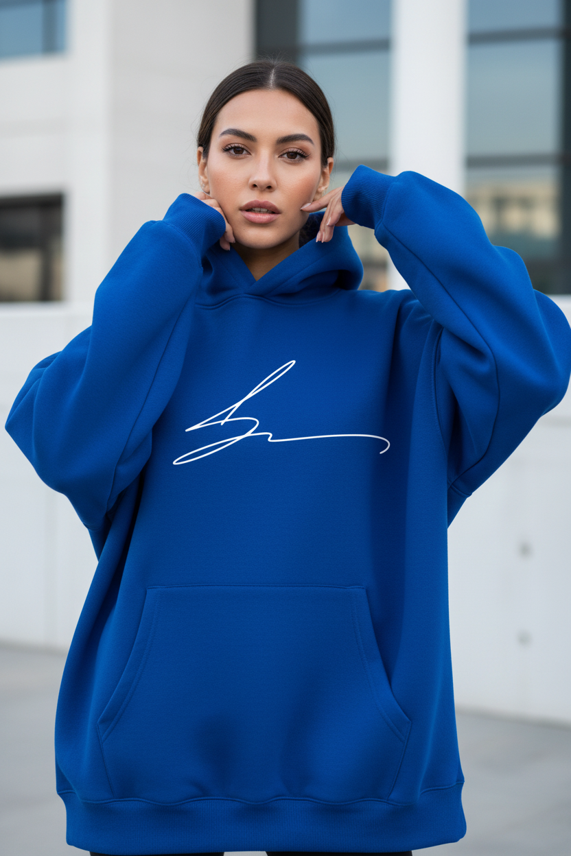 Royal blue hoodie with signature logo