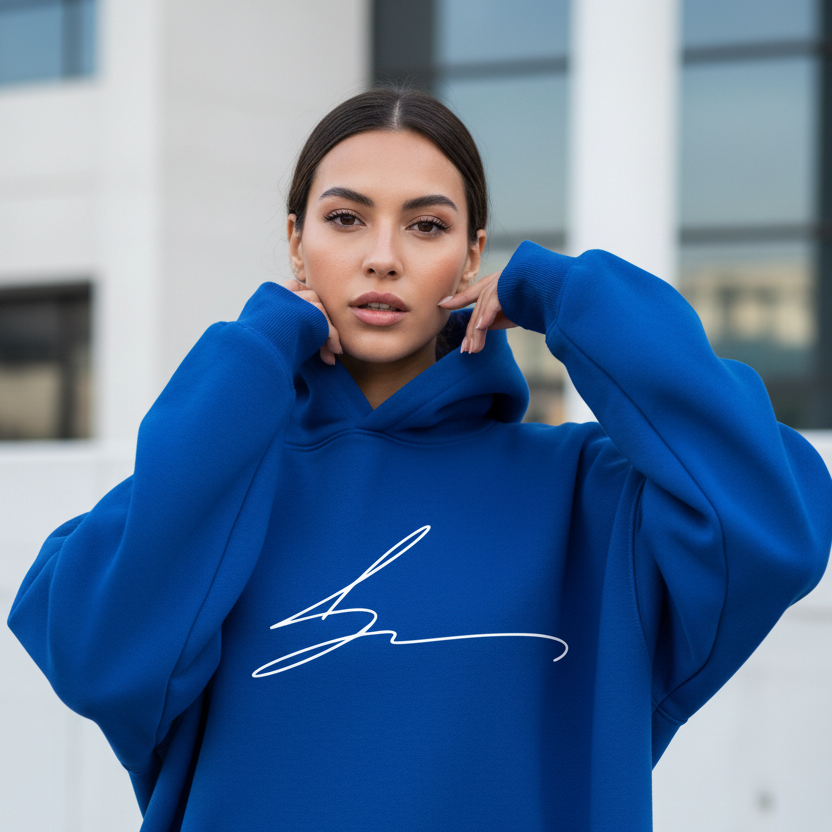 Royal blue hoodie with signature logo