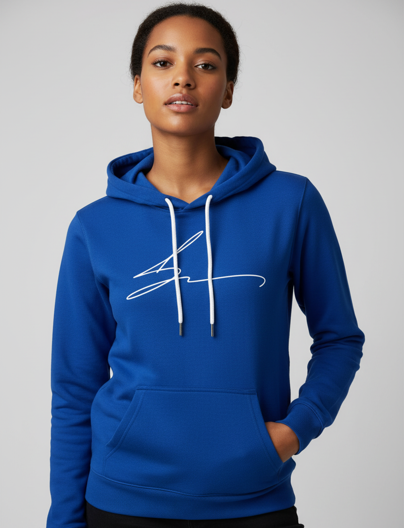 Royal blue hoodie with signature logo