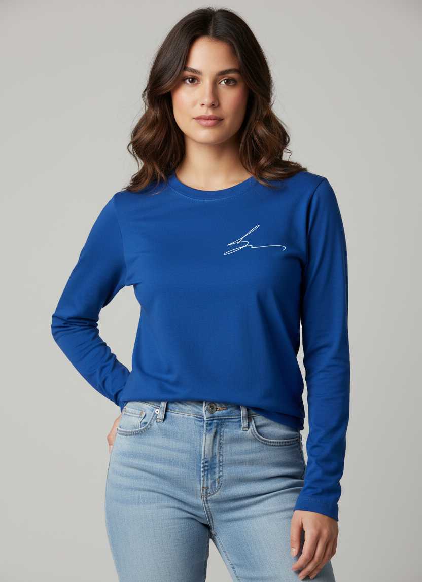 Royal blue long sleeve tee with signature logo
