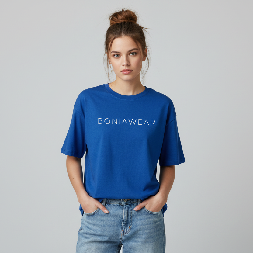 Royal blue oversized t-shirt with white BONIWEAR logo