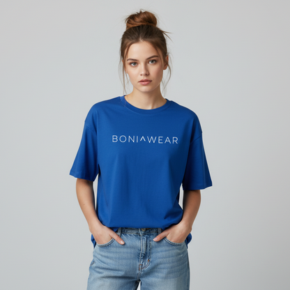 Royal blue oversized t-shirt with white BONIWEAR logo