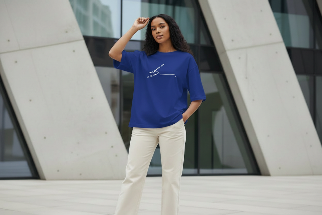 Royal blue oversized t-shirt with white signature logo