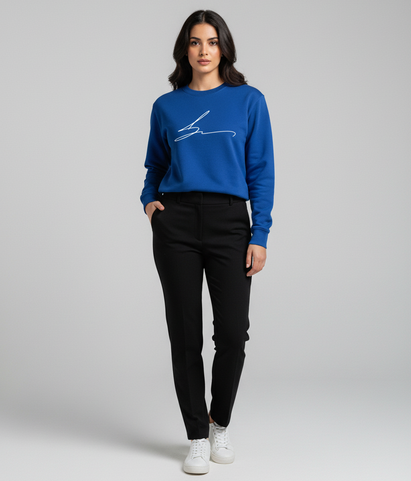 Royal blue sweatshirt with signature logo