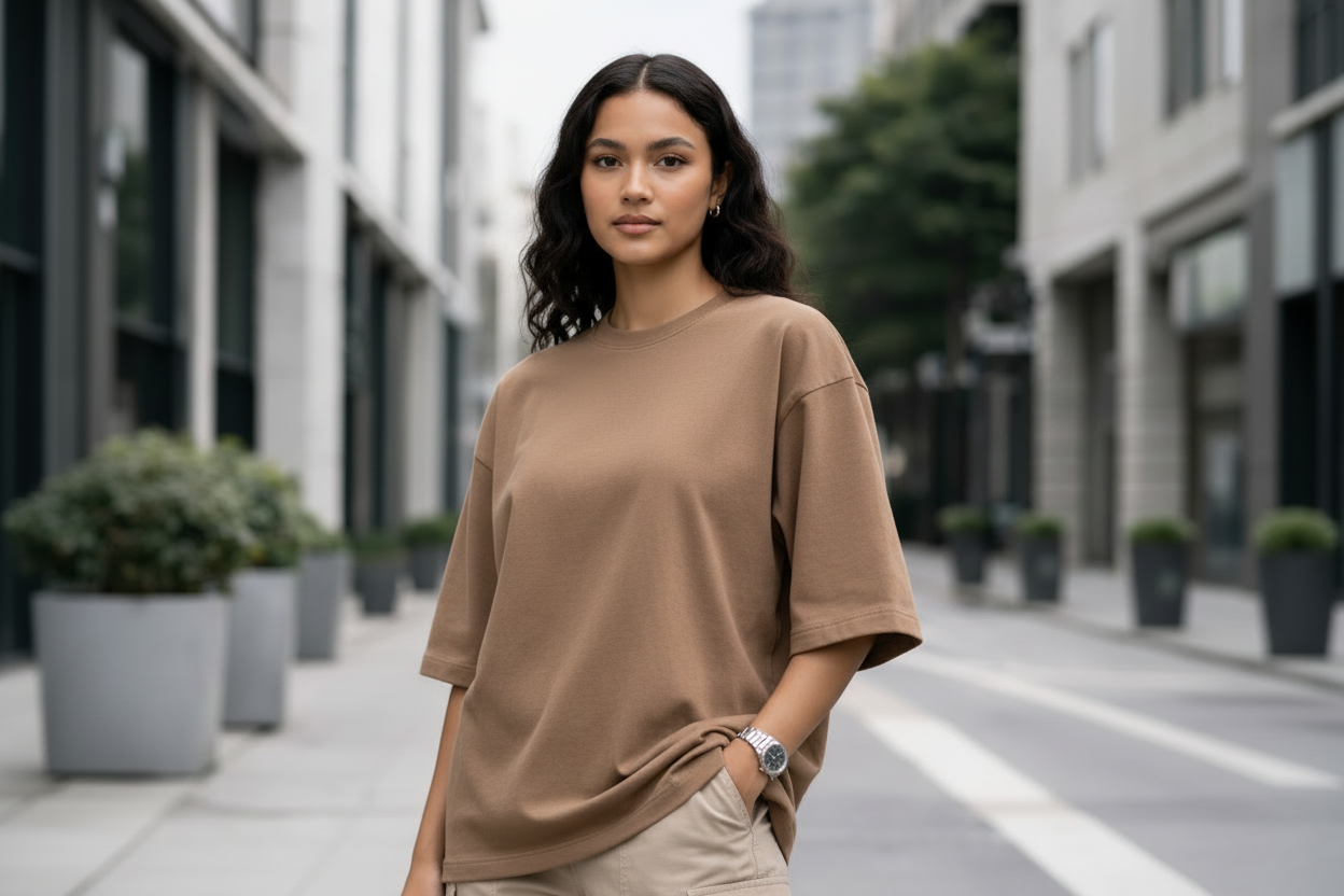 Tan brown oversized t-shirt on female model
