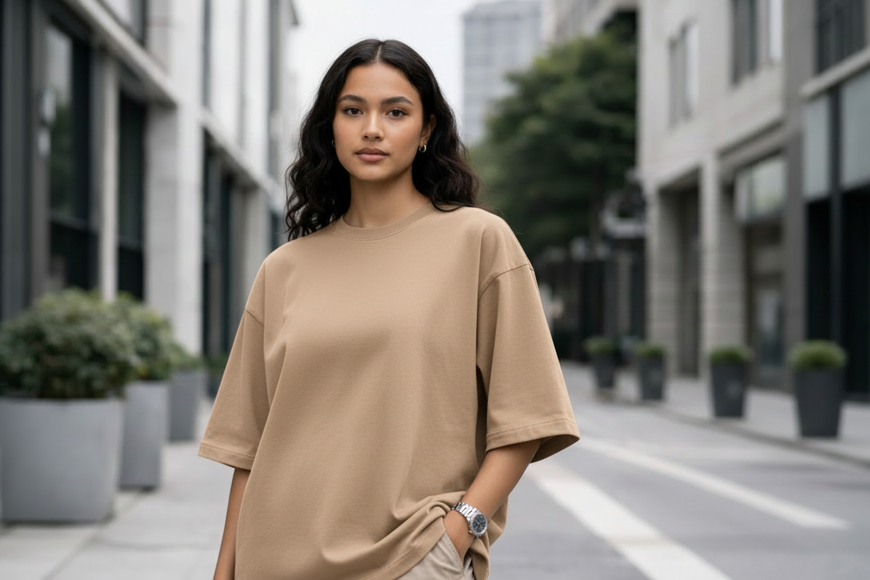 Tan oversized t-shirt on female model