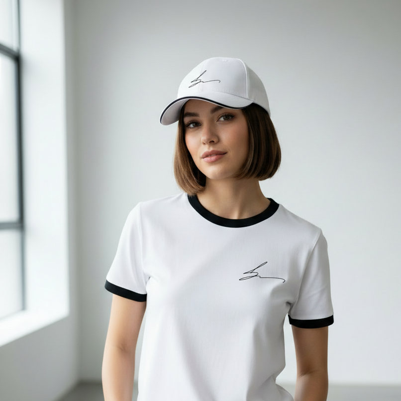 Woman wearing a white cap and t-shirt with black trim in a bright room.