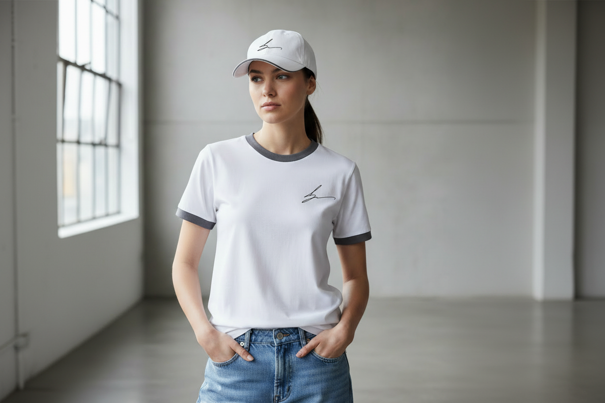 White and gray ensemble with logo