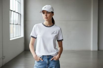 White and gray ensemble with logo