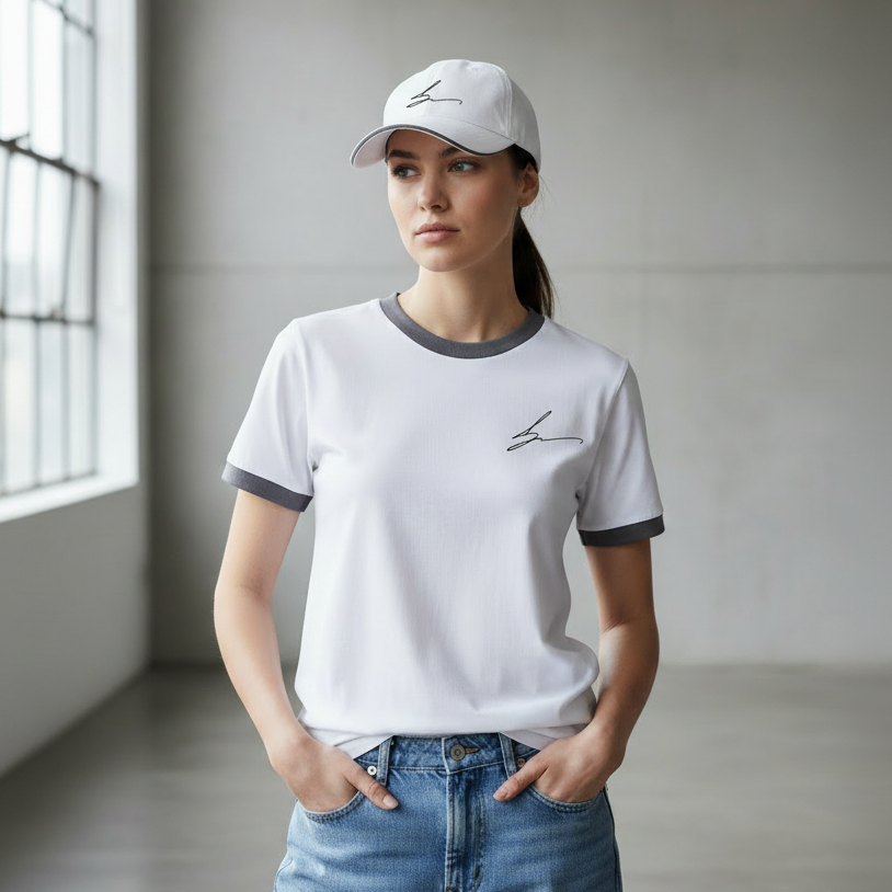 Person wearing a white t-shirt and cap with a logo, standing in a minimalistic room.