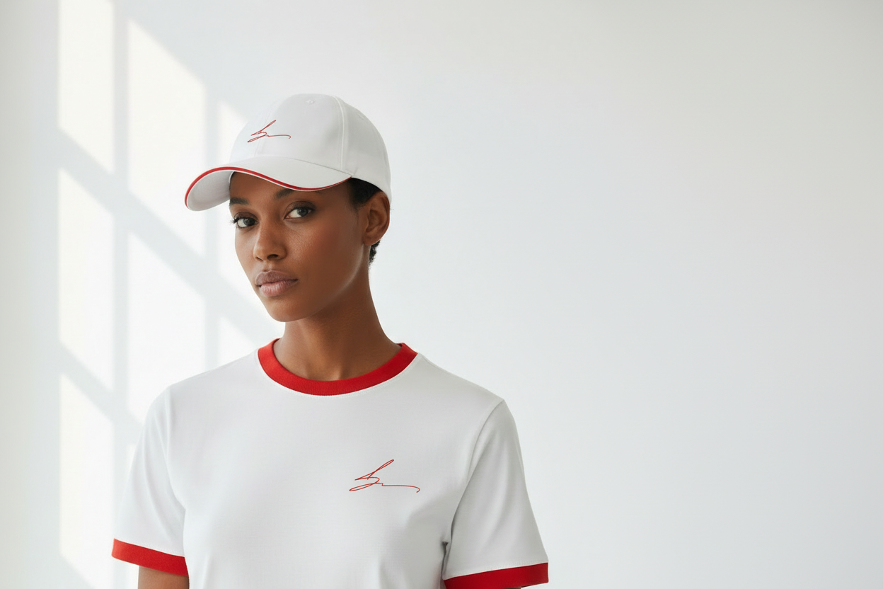 White and red ensemble with red logo