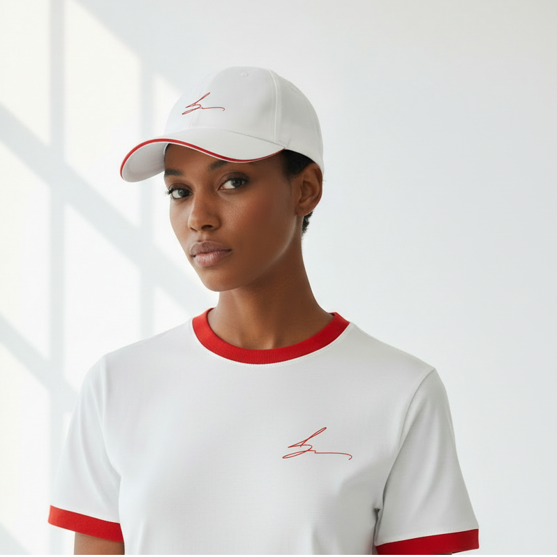 Person wearing a white cap and t-shirt with red accents against a light background