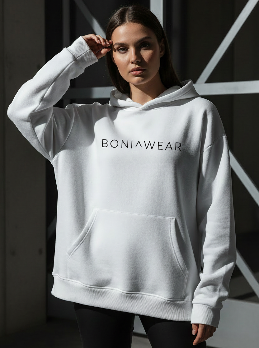 White Boniwear hoodie on model