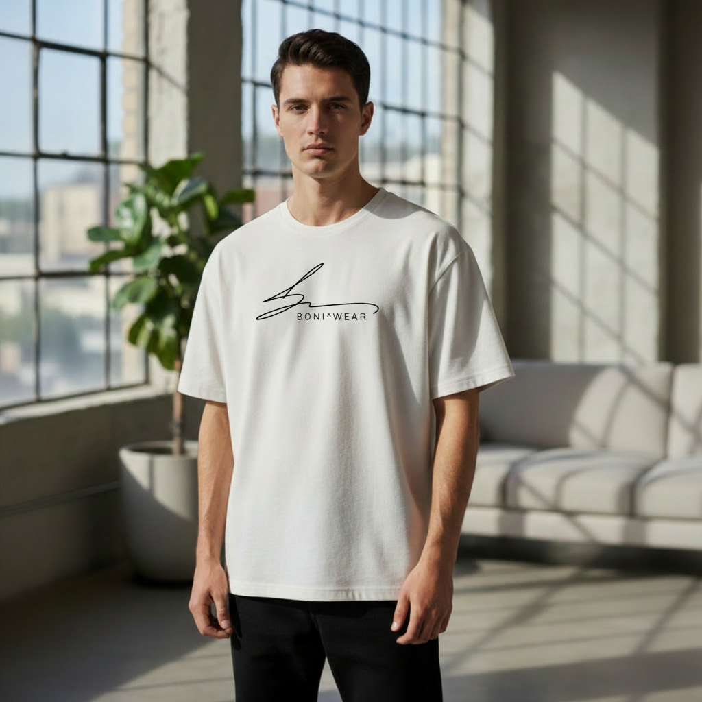 White bulky fit crewneck with Boniwear signature logo