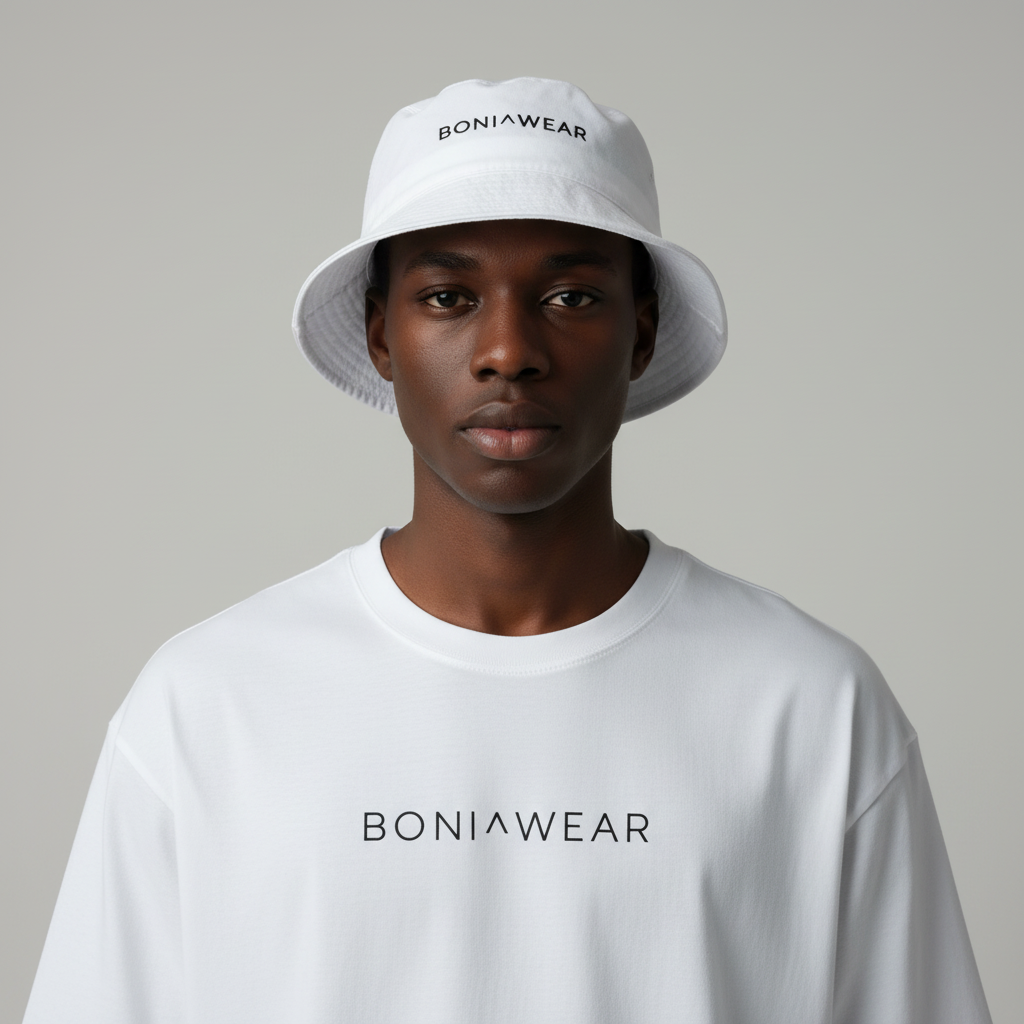 White bulky fit set with bucket hat