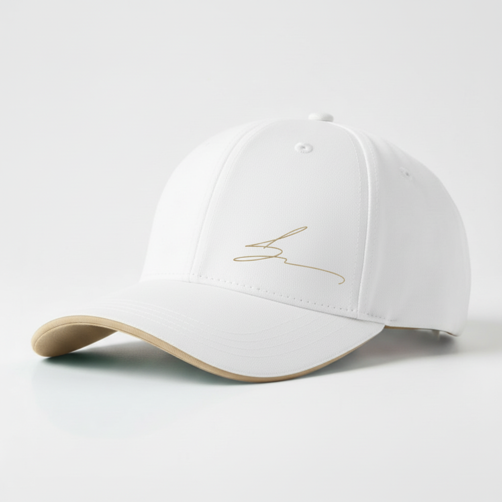 White cap with beige trim and beige logo