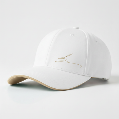 White cap with beige trim and beige logo