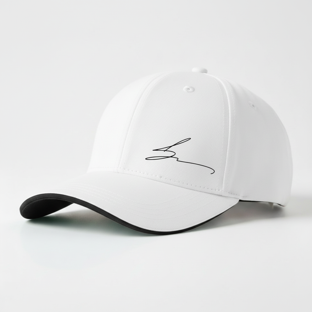 White cap with black trim and black logo