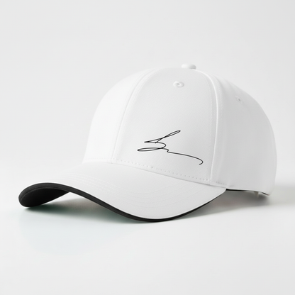 White cap with black trim and black logo
