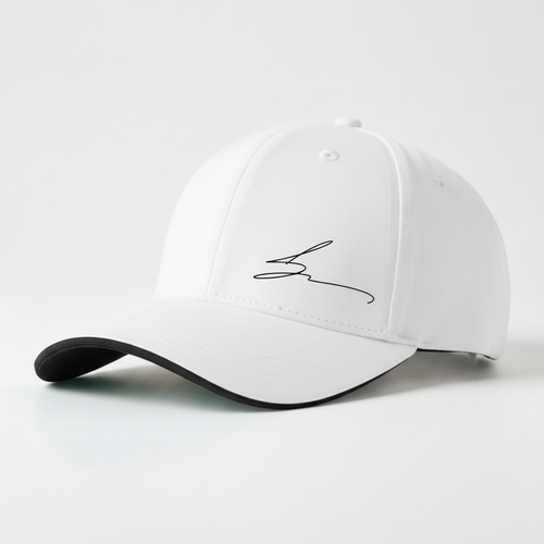 White cap with black trim and black logo