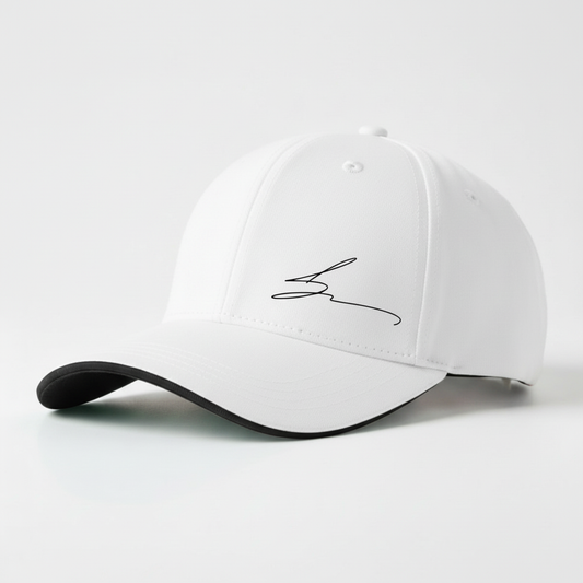 White cap with black trim and black logo