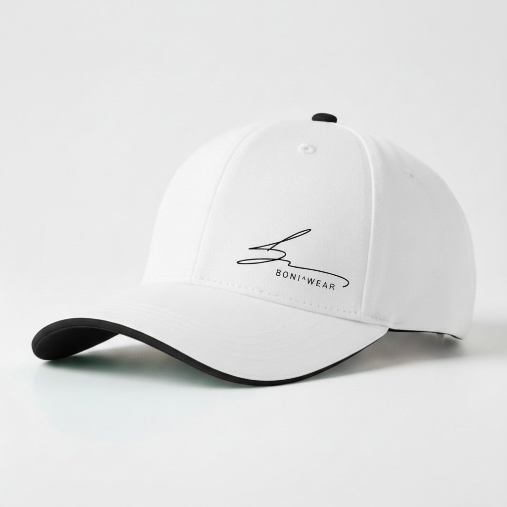 White cap with black trim and black logo