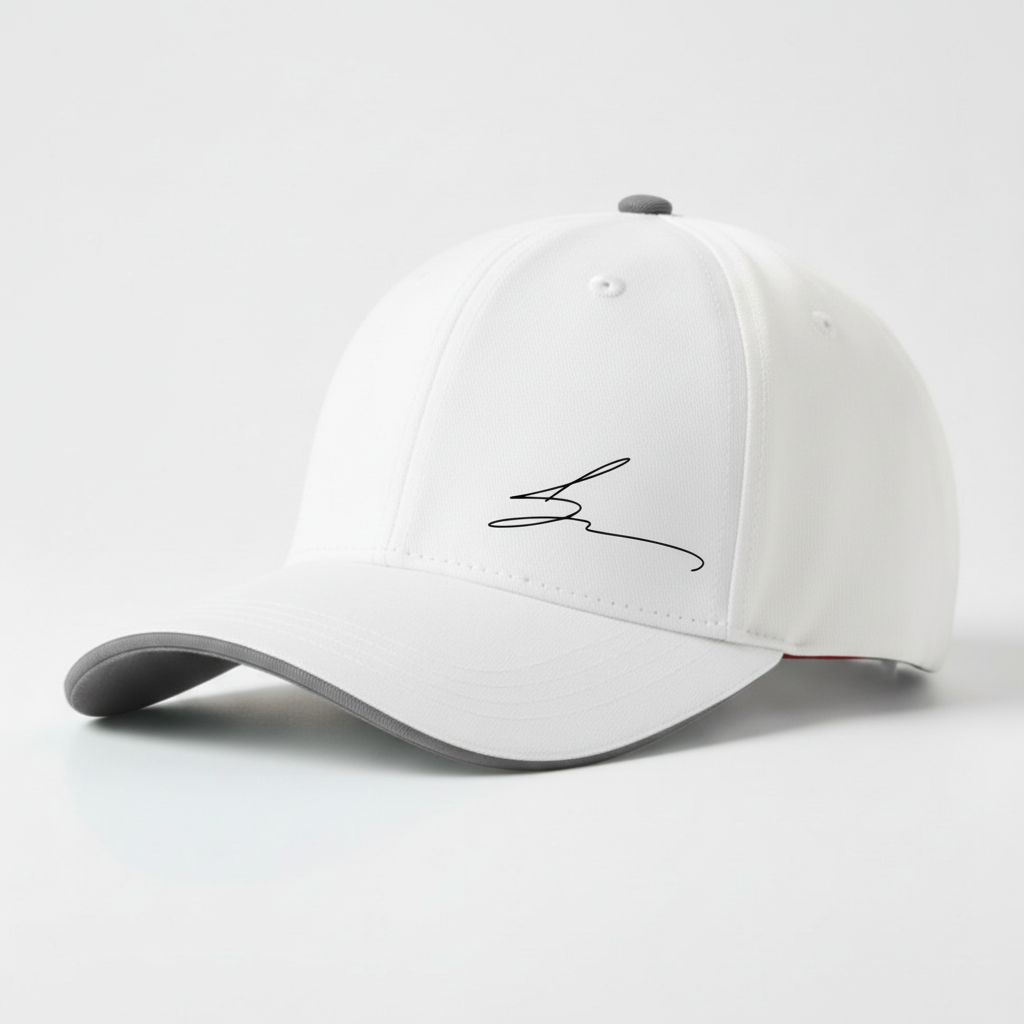 White cap with grey trim and grey logo