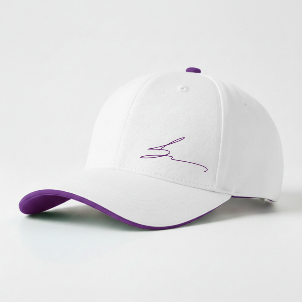 White cap with medium purple trim and purple logo