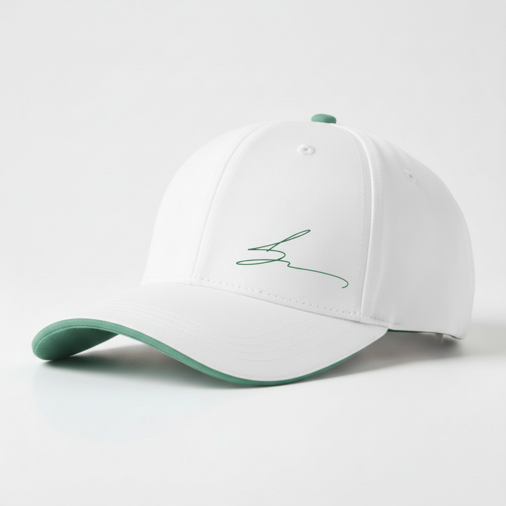 White cap with mint green trim and green logo