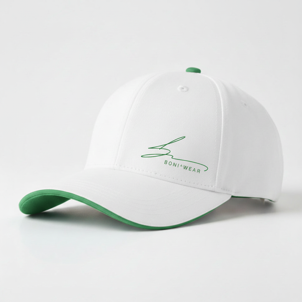 White cap with mint green trim and green logo