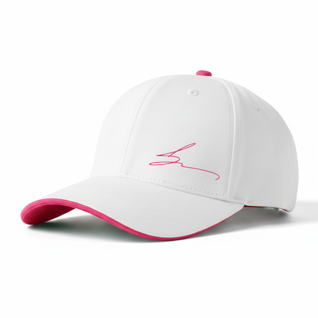White cap with pink trim and pink logo